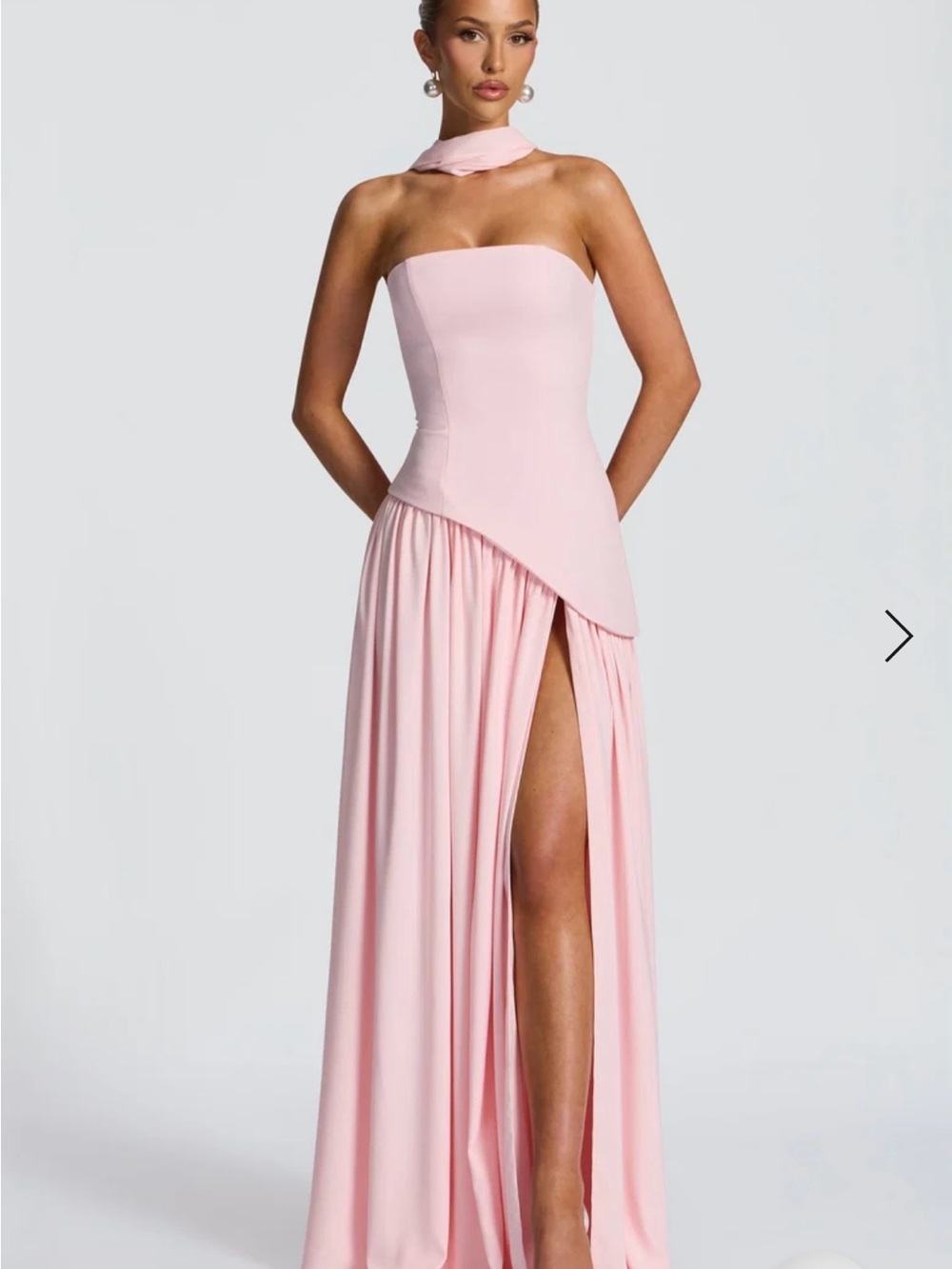 Elegant Strapless Light Pink Evening Gown with Draped Skirt and Thigh Slit